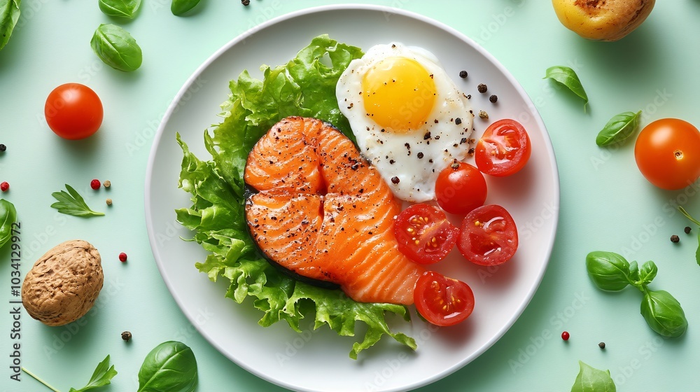 A vibrant plate featuring grilled salmon, a sunny-side-up egg, cherry tomatoes, and fresh greens, arranged beautifully on a light green background. A vibrant plate featuring grilled salmon, a sunny-side-up egg, cherry tomatoes, and fresh greens, arranged beautifully on a light green background.