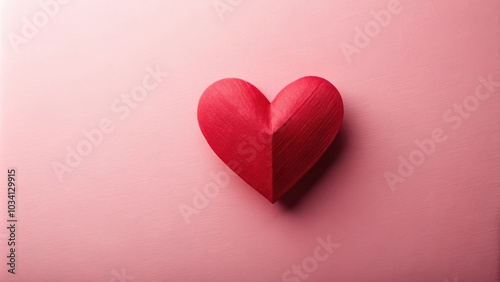 A single red heart cutout on a light pink background, a symbol of love and romance