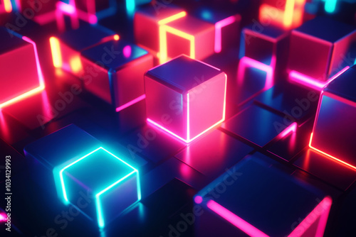 Abstract futuristic background with colorful glowing neon cubes in vibrant colors. Minimalistic technology backdrop