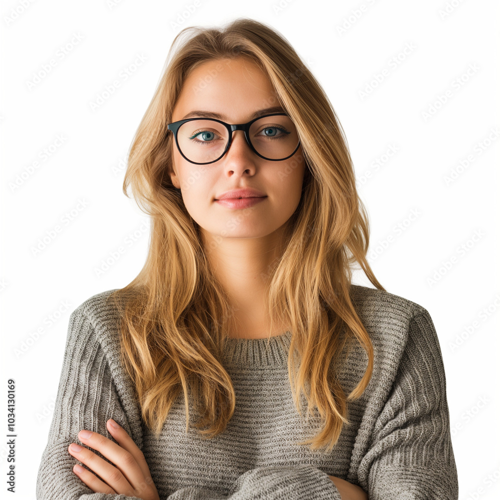 Portrait of a young woman with glasses on white background, AI Generation Portrait of a young woman with glasses on white background, AI Generation