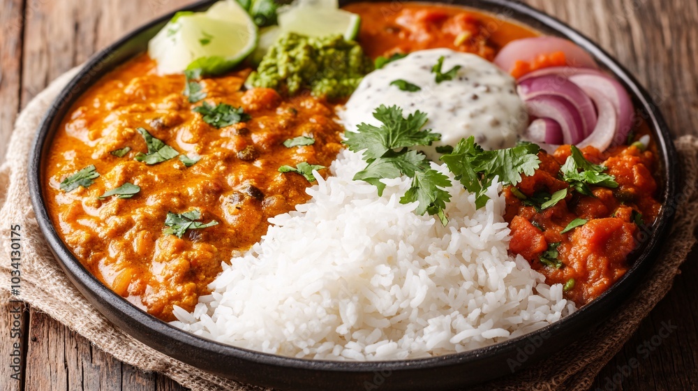 A flavorful platter featuring rice, lentil curry, vegetables, and garnishes, served on a rustic wooden table.