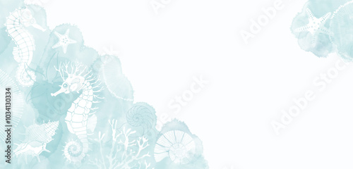  Pre-made design with seahorses, shells, nautilus,  starfish, corals, sea creatures, watercolor splash and place for text. Vector layout decorative greeting card or invitation design background. 