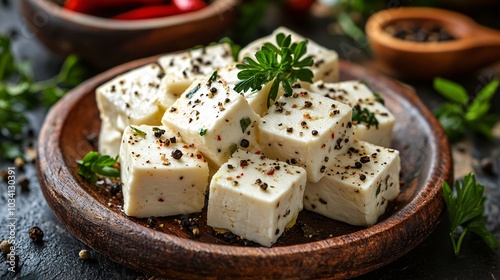 Freshly cut cheese cubes sprinkled with herbs and spices, garnished with a parsley leaf, presented on a wooden plate alongside red chili peppers.