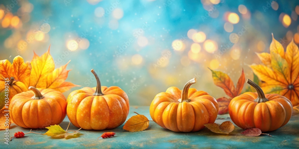 Autumnal still life featuring a row of pumpkins nestled amongst colorful fallen leaves, set against a dreamy blue and gold bokeh background. Autumnal still life featuring a row of pumpkins nestled amongst colorful fallen leaves, set against a dreamy blue and gold bokeh background.