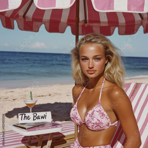 A retro-style 1940s photograph of an attractive 30 year old Bleach platinum blonde woman on the beach,  under a pink and white striped beach umbrella.  