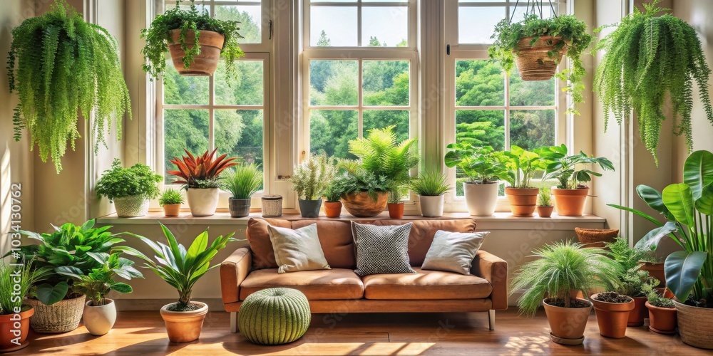 Sunlight Streaming Through a Window Illuminates a Room Filled with Lush Greenery and a Comfortable Brown Leather Sofa Sunlight Streaming Through a Window Illuminates a Room Filled with Lush Greenery and a Comfortable Brown Leather Sofa