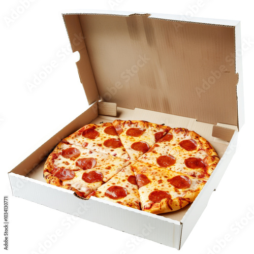 Freshly baked pepperoni pizza in a take-out box ready for delivery on a transparent background photo
