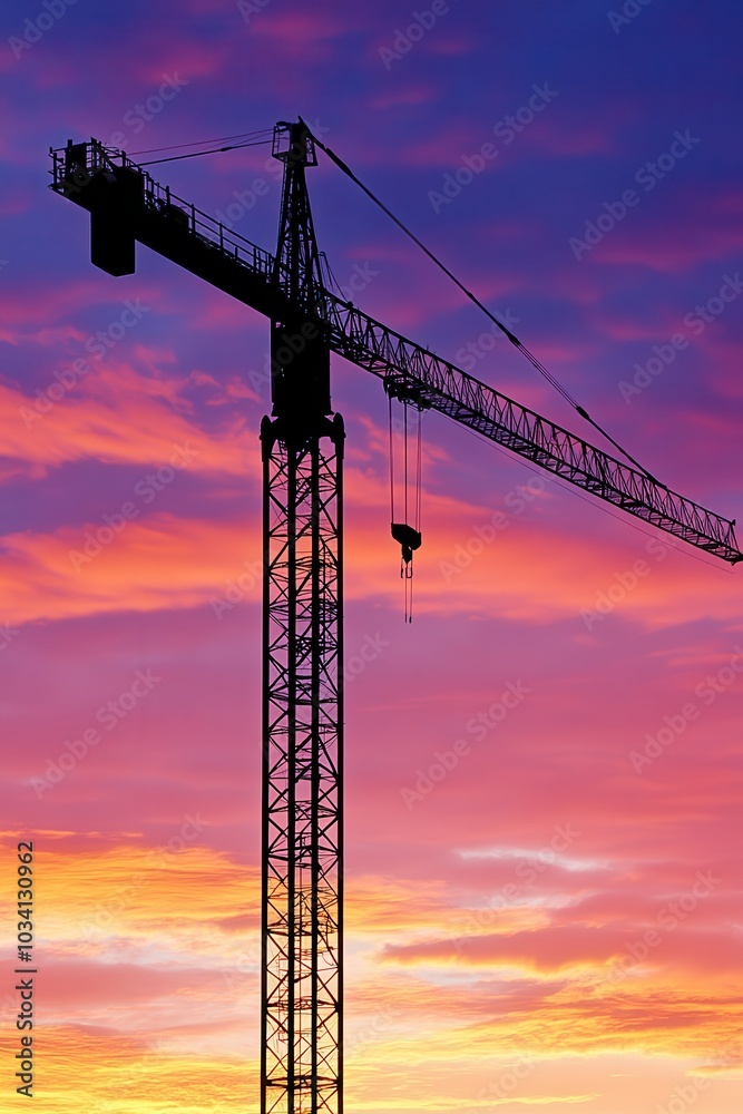 Crane Silhouette Against Colorful Sunset Sky Crane Silhouette Against Colorful Sunset Sky