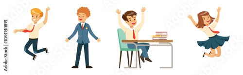 Cute Boy and Girl Character in School Uniform Vector Set