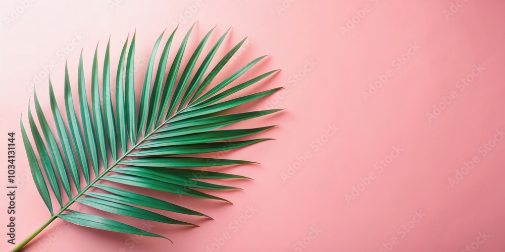 Fototapeta premium A single palm leaf rests on a light pink background, its green fronds radiating outwards, creating a vibrant contrast and a sense of tropical tranquility.