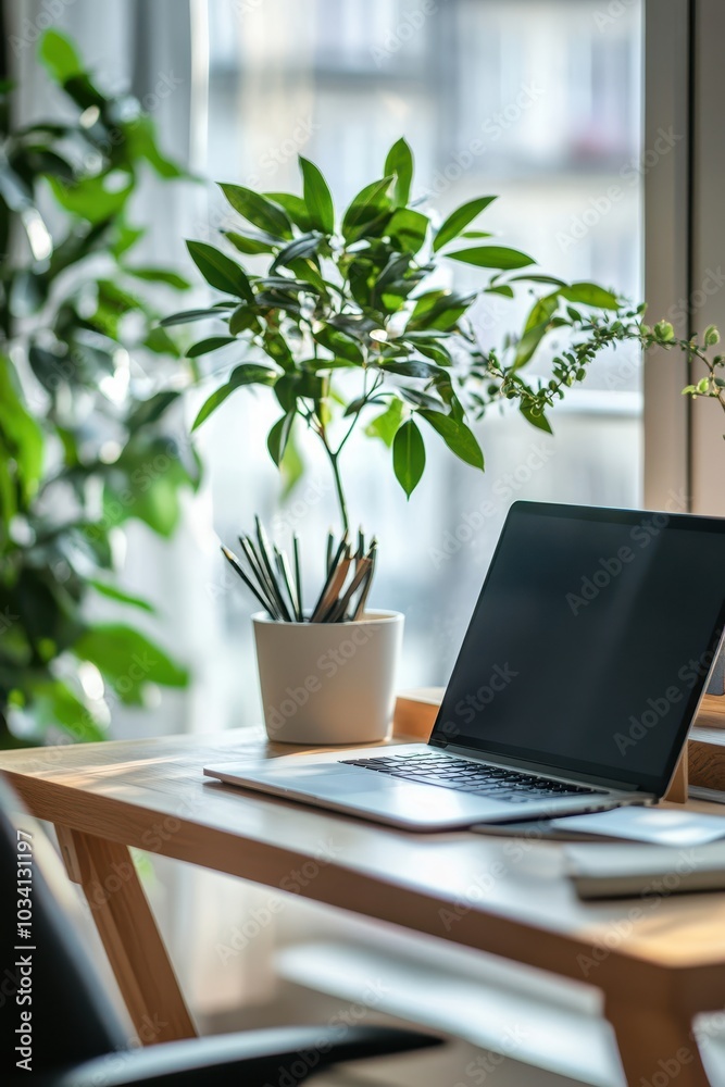 Minimalist Workspace with Laptop and Green Plants Minimalist Workspace with Laptop and Green Plants