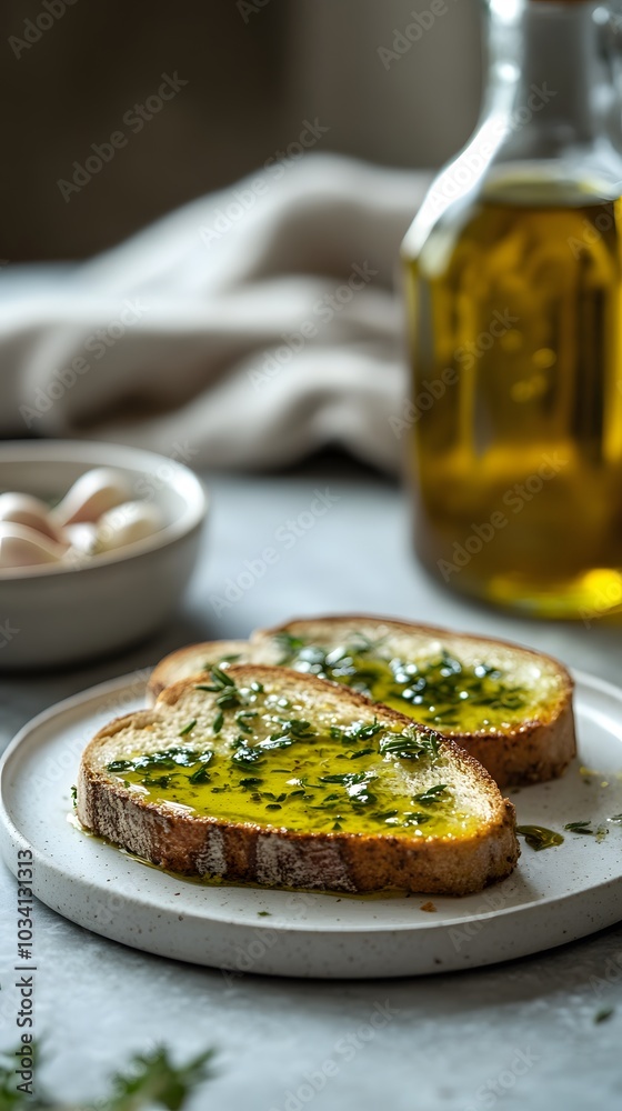 Garlic bread with olive oil on a white plate, against a table background. Garlic bread with olive oil on a white plate, against a table background.