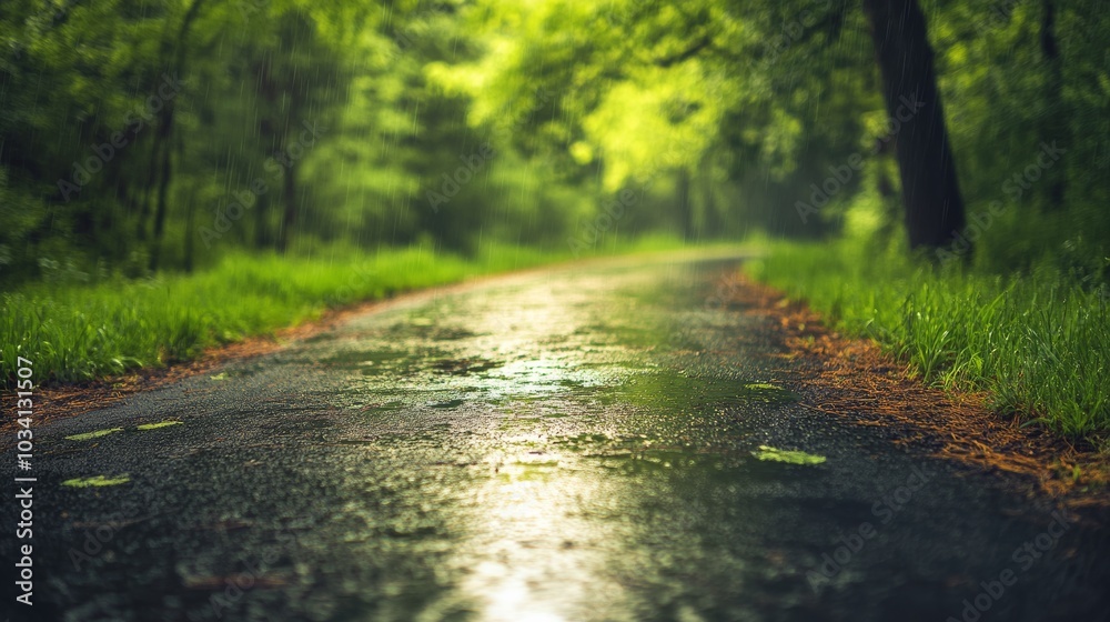 Obraz premium A serene, rain-soaked pathway winding through a lush green forest during early morning hours