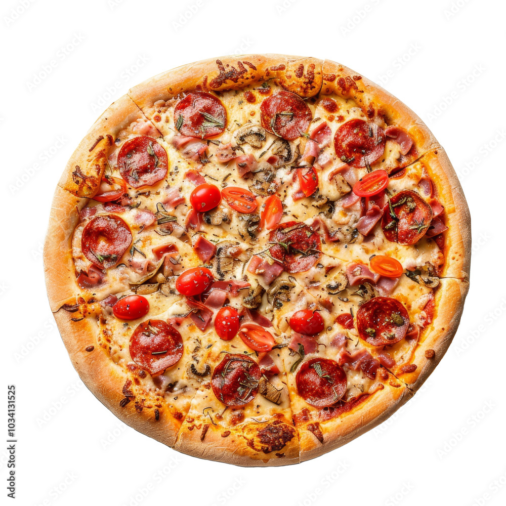 Delicious pepperoni and ham pizza topped with fresh tomatoes and herbs, served on a rustic wooden table in a cozy Italian restaurant Delicious pepperoni and ham pizza topped with fresh tomatoes and herbs, served on a rustic wooden table in a cozy Italian restaurant