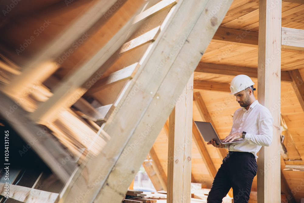 Man builder. Foreman with laptop. Contractor for construction company. Architect in unfinished building. Builder in wooden house under construction. Man engineer from construction team Man builder. Foreman with laptop. Contractor for construction company. Architect in unfinished building. Builder in wooden house under construction. Man engineer from construction team