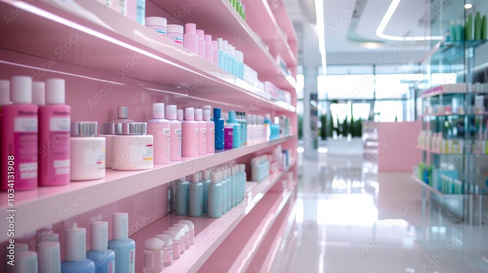 Obraz premium Brightly lit cosmetic store showcasing neatly arranged skincare products on pink shelves during daylight hours