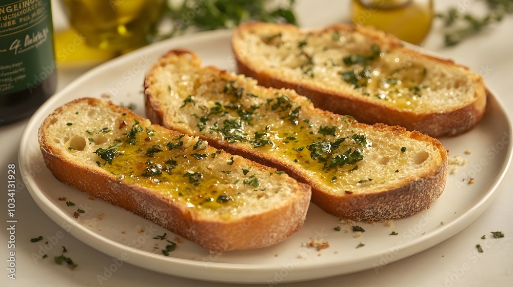 Garlic bread with olive oil on a white plate, against a table background. Garlic bread with olive oil on a white plate, against a table background.