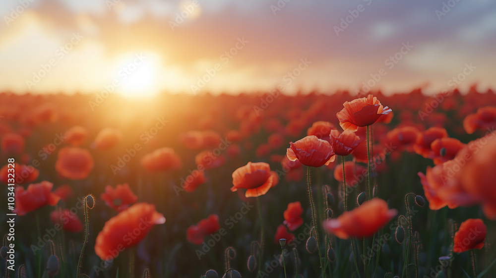 Obraz premium Copy space, field of red poppies at sunset rememberance day. Background for rememberance day, armistice day. Respect for victims, soldiers. Concept of peace, pride, respect.