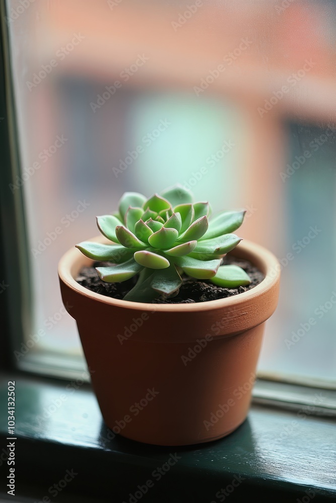 Single Potted Succulent on a Windowsill in Natural Light Single Potted Succulent on a Windowsill in Natural Light
