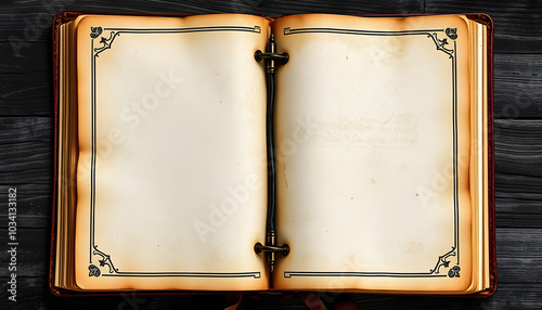 Old witch book empty page. Bewitched grimoire weathered pages tope view. Blank witchcraft or magic book page. Medieval burnt witchcraft weathered scroll manuscript or spells. Mystic occult concept i