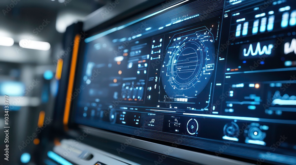 A futuristic control panel with a large screen displaying data and graphs in blue and orange. A futuristic control panel with a large screen displaying data and graphs in blue and orange.