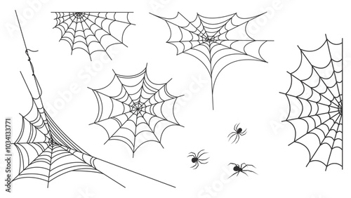 Set of Spiderwebs and Spiders Isolated on a White Background. Illustration for Posters, Halloween Invitations. Vector