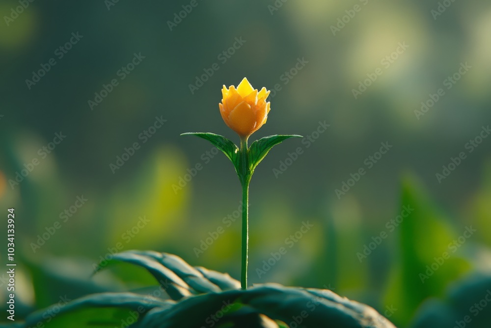 A single bright yellow flower standing tall amidst vibrant green foliage during early morning light A single bright yellow flower standing tall amidst vibrant green foliage during early morning light