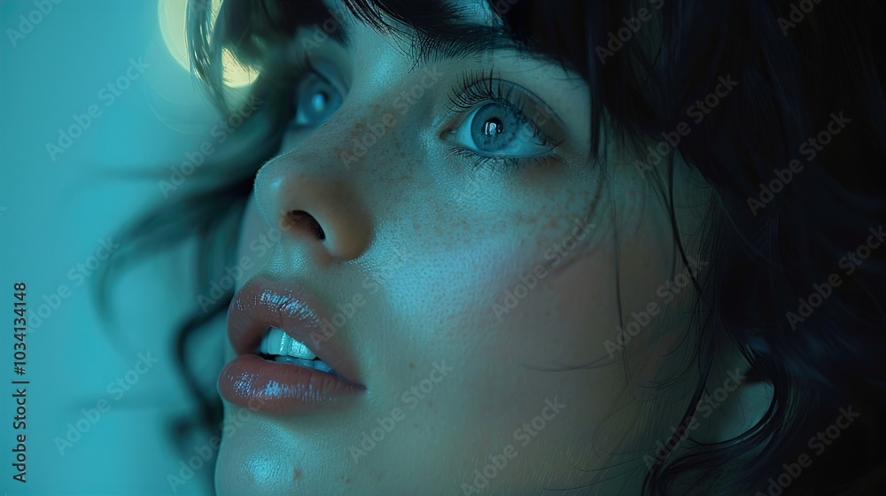 Close-up Portrait of a Woman with Blue Eyes and Freckles Close-up Portrait of a Woman with Blue Eyes and Freckles