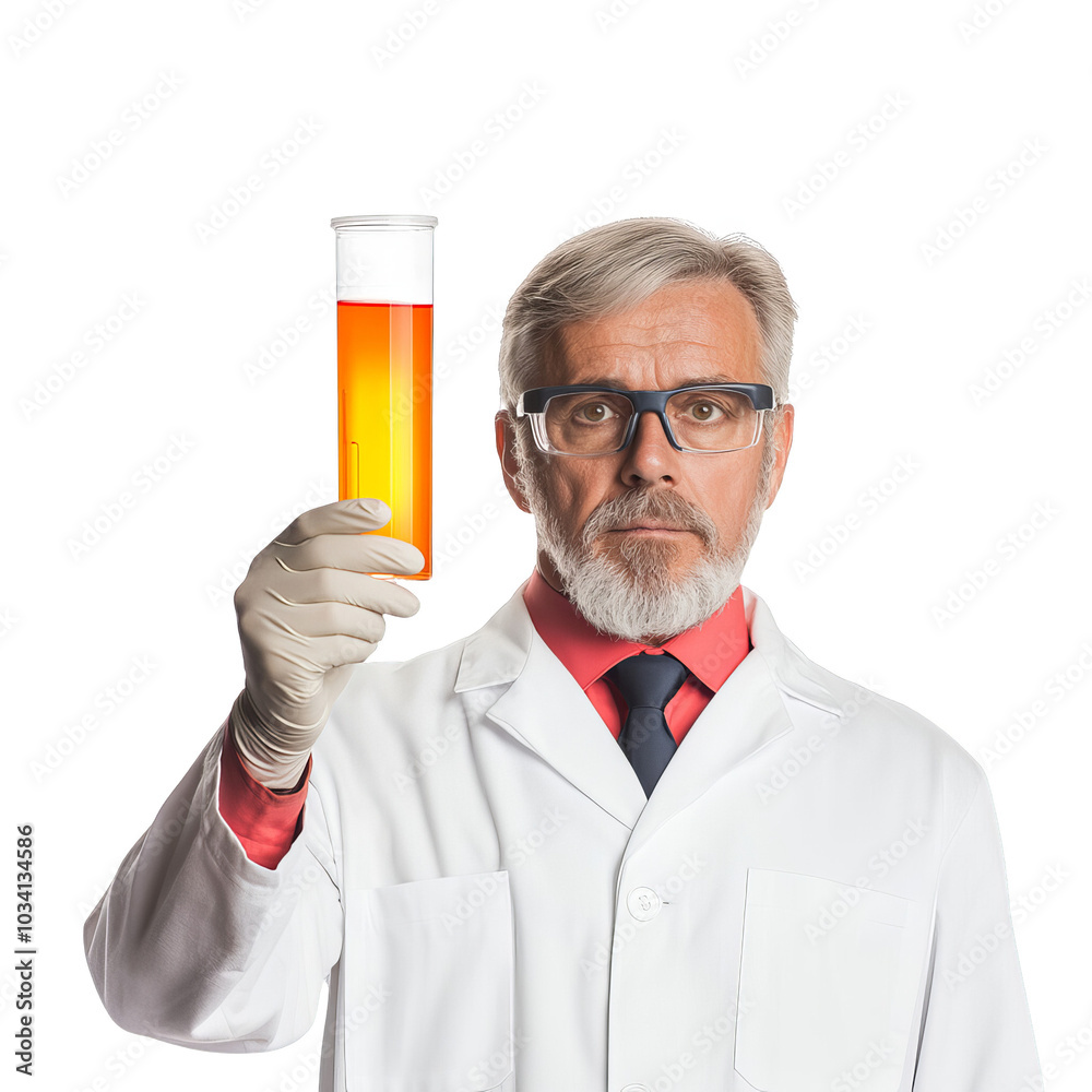 Scientist holding a test tube with colorful liquid, white isolated background