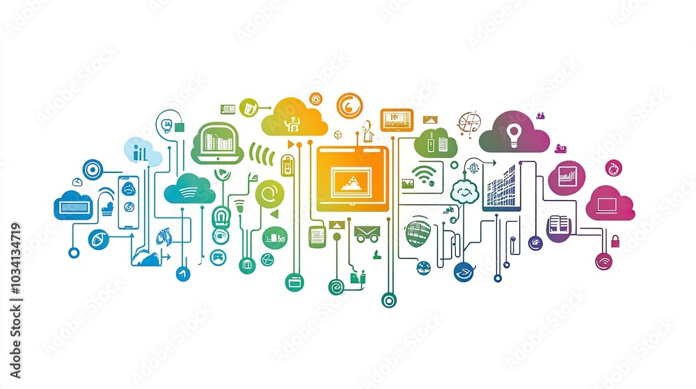 A concept of cloud computing and business digitization symbols on a clean white background A concept of cloud computing and business digitization symbols on a clean white background