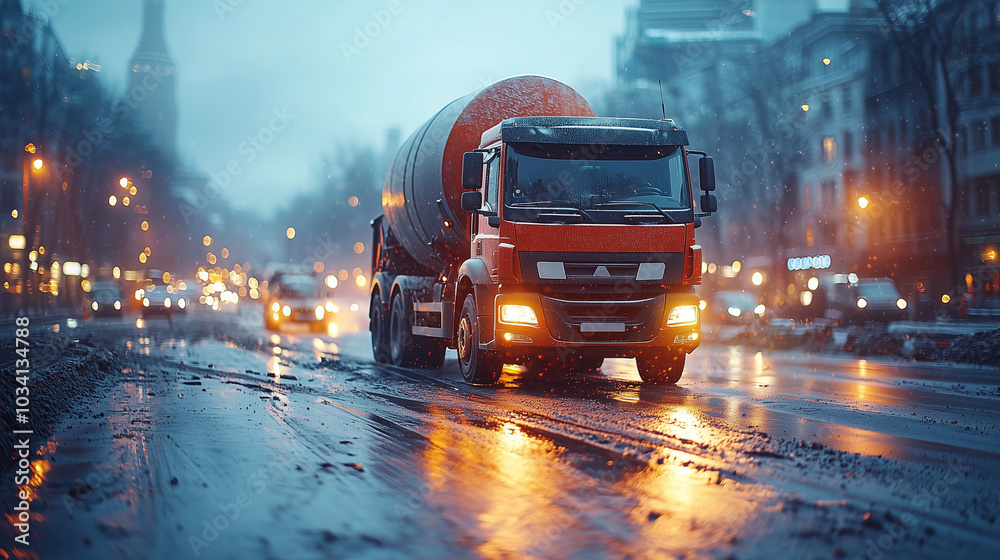 Concrete mixer truck on the road of a construction site Concrete mixer truck on the road of a construction site