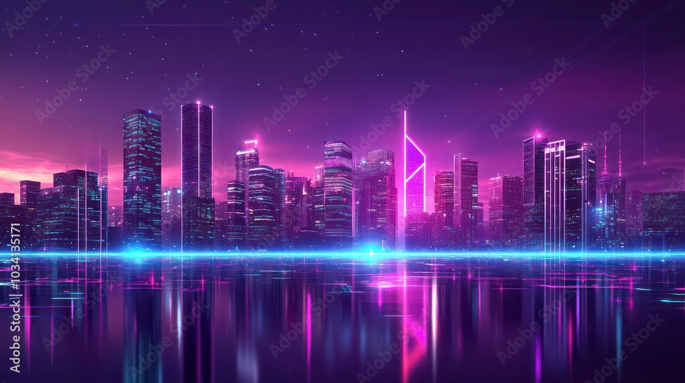 A futuristic cityscape with neon lights reflecting in the water at night. A futuristic cityscape with neon lights reflecting in the water at night.
