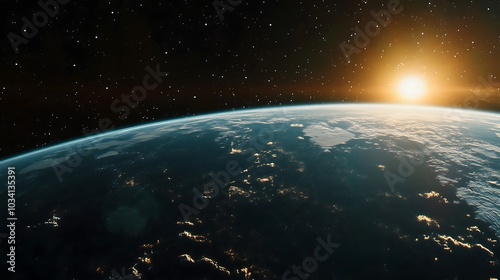 A breathtaking view of Earth from space, with the sun rising over the horizon and casting a warm glow on the planet's surface.