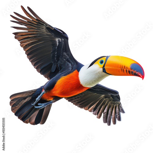 Vibrant toucan soaring through a bright blue sky at dusk