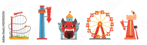Amusement Park Attraction and Funfair Entertainment Vector Set
