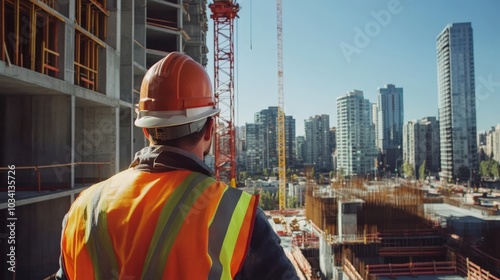 A construction worker operating a tower crane, lifting materials at a high-rise construction site, ensuring smooth coordination on the project.