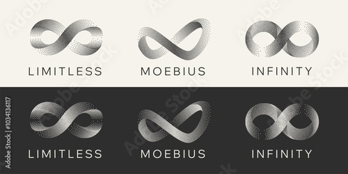 Gritty Dots Digital Technology Grey Light Vector Infinity Logo. Artificial Intelligence Abstract Data Limitless Sign Concept. Grain Texture Endless Infinite Loop Emblem Templates Set Isolated
