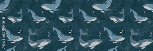 Hand drawn marine life. Seamless pattern with wild sea animals, seaweed and corals. Children's illustration on blue background. Cartoon whales and sperm whales bright colors.