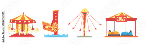 Amusement Park Attraction and Funfair Entertainment Vector Set