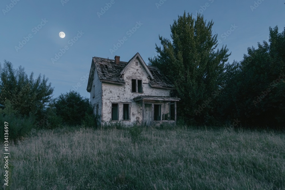 Old abandoned house in the light of the moon - generative ai Old abandoned house in the light of the moon - generative ai
