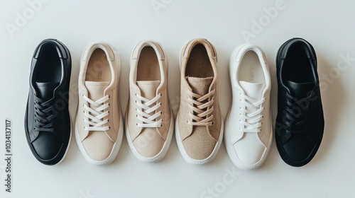 Different colors of stylish sneakers are arranged neatly on a simple, light background. The designs reflect contemporary fashion suitable for casual wear