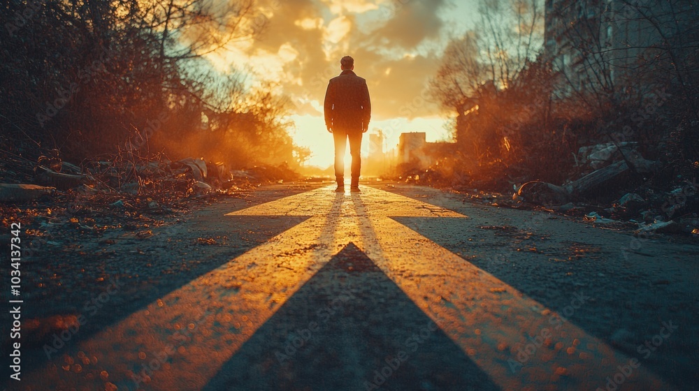 Fototapeta premium Lone man walking on empty road at sunset with dramatic lighting