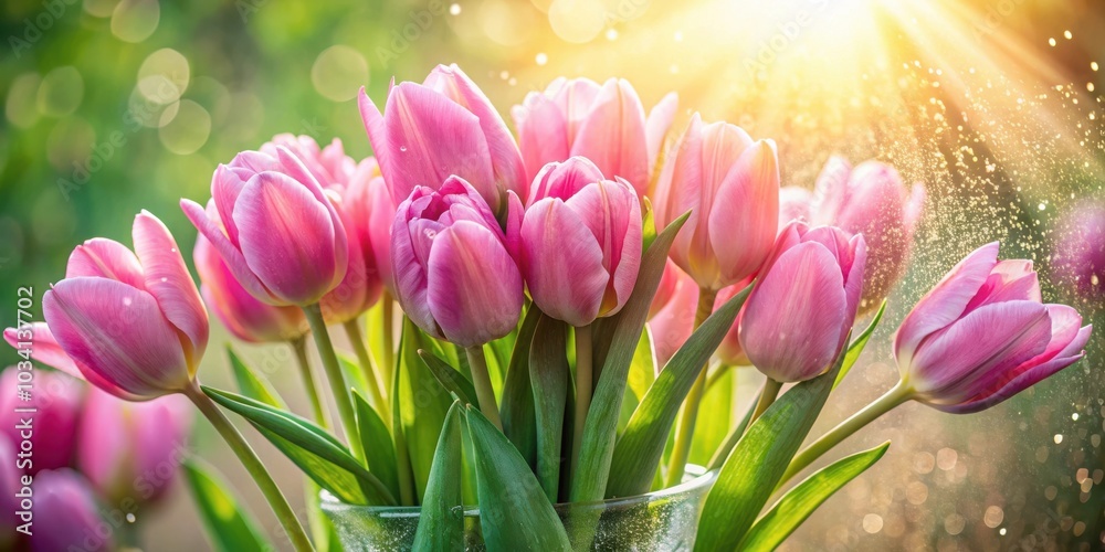 Obraz premium A Bouquet of Pink Tulips Basking in the Warm Glow of the Setting Sun, Each Petal Radiating a Delicate Softness