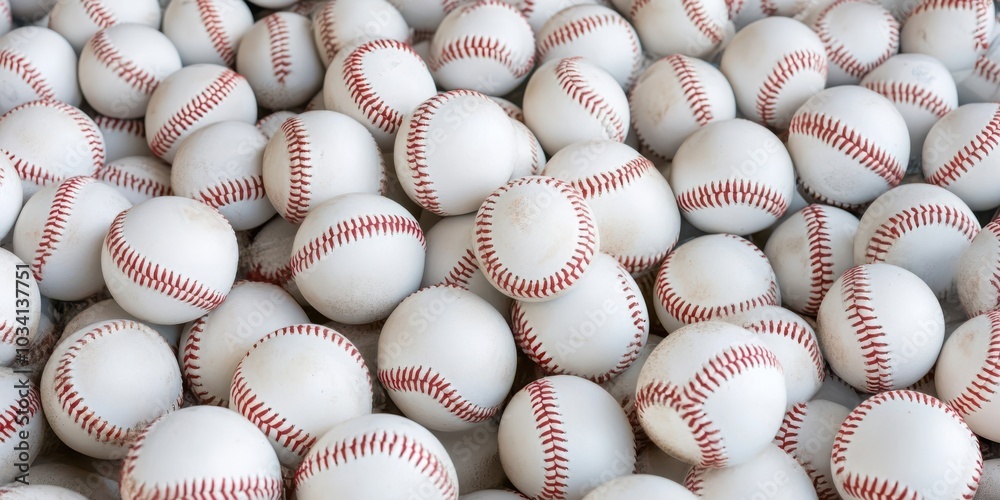 Pile of White Baseball Balls with Red Stitches Pile of White Baseball Balls with Red Stitches