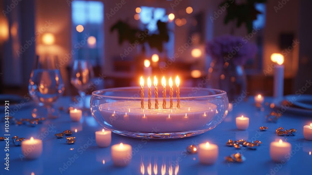 A bowl of melted wax with burning candles and many scattered tea lights on a table in a warm, cozy atmosphere. A bowl of melted wax with burning candles and many scattered tea lights on a table in a warm, cozy atmosphere.