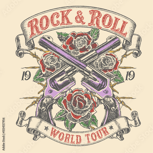 Rock and roll, world tour slogan artwork. Rose flower music poster design. women's vintage print design. rock Music vector artwork t shirt for apparel, stickers, posters, background and others. 
