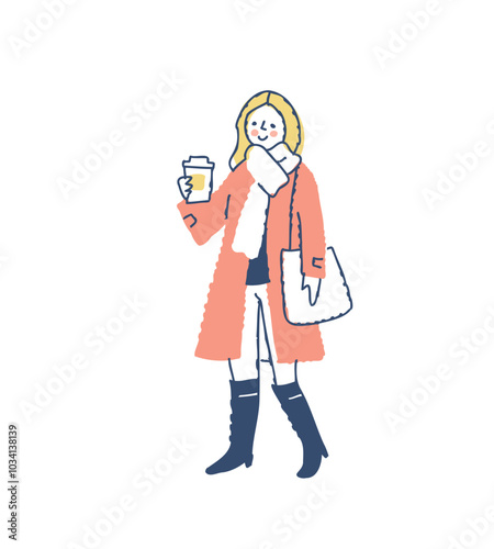 テイクアウトのドリンクを持っている冬服の女性