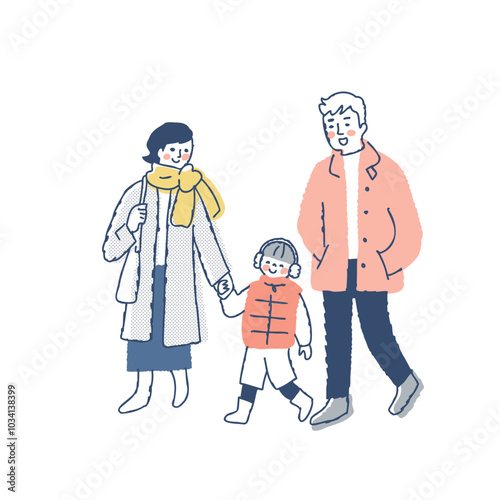 一緒に歩いている冬服の3人家族