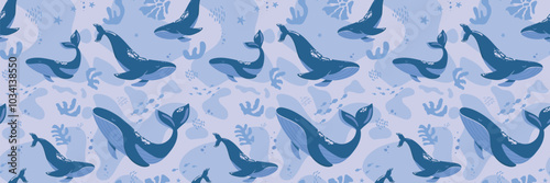 Hand drawn marine life. Seamless pattern with wild sea animals, seaweed and corals. Children's illustration on blue background. Cartoon whales and sperm whales bright colors.