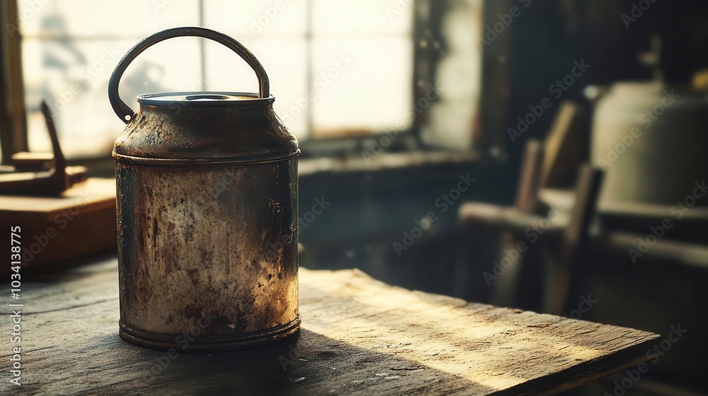 Fototapeta premium Rustic old metal oil can on a wooden table on a sunny day
